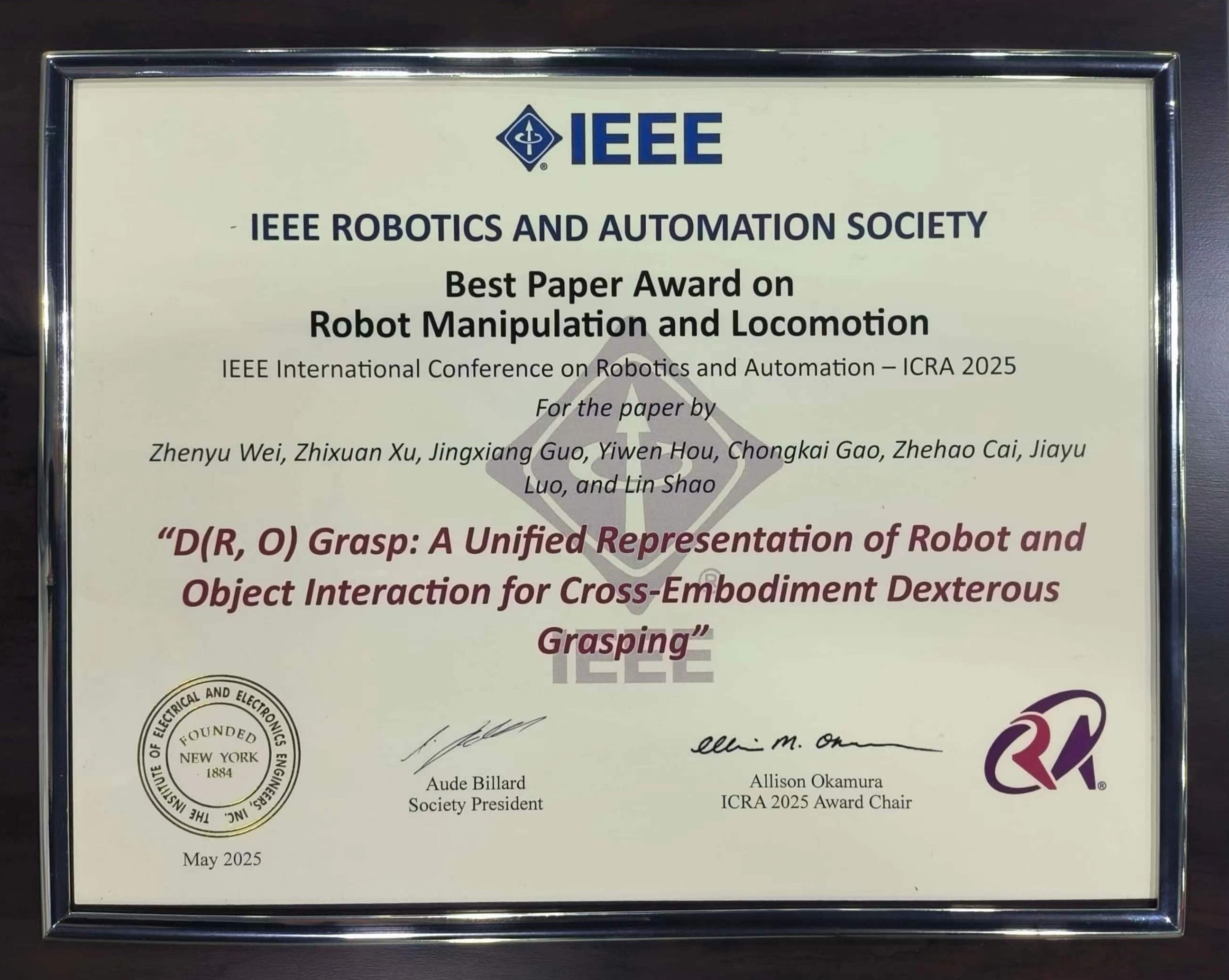 ICRA 2025 Best Paper Award on Robot Manipulation and Locomotion